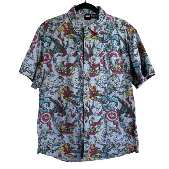 Marvel Size Medium Men's Button Down Shirt Short Sleeve Comic Book Thor Iron Man - Picture 2 of 5
